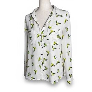 Oasis Bird Print Button-Up Blouse UK 12 US 8 white novelty
